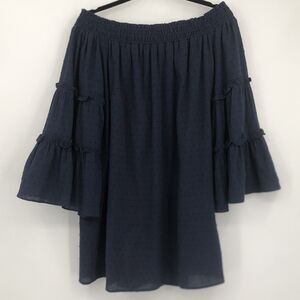 UMGEE Off Shoulder Dress Tunic Small Swiss Dot Navy Bell Ruffle Sleeve
